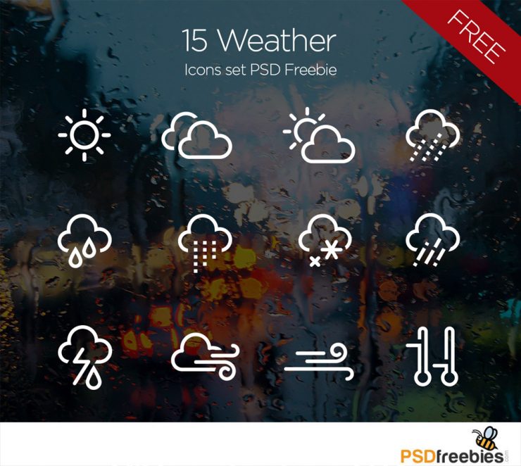 15 Minimal Weather Icons set PSD Freebie