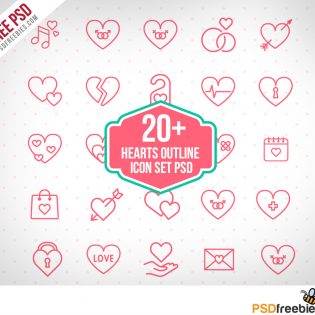 20+ Hearts Outline icon set PSD Freebie