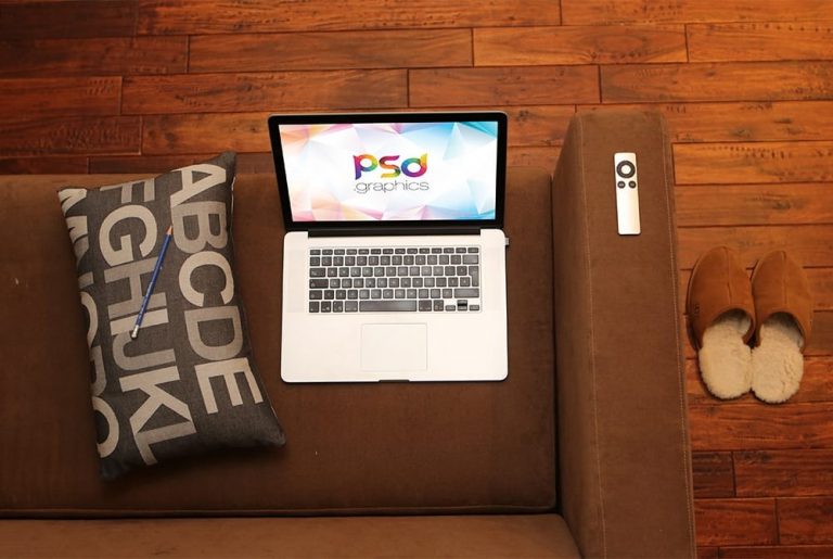 Download Macbook Pro on Sofa Mockup Free PSD - Download PSD