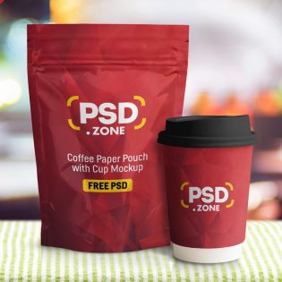 Coffee Pouch with Cup Mockup PSD