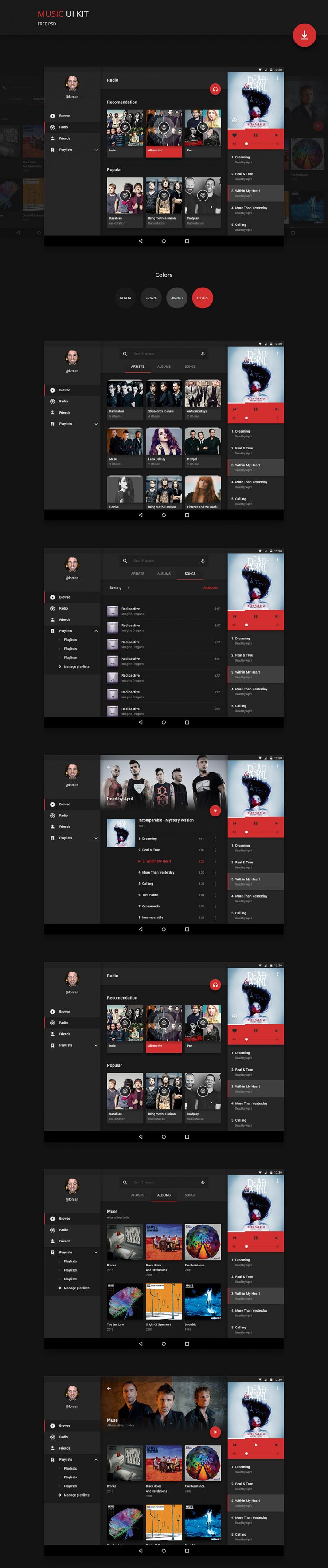 Android Music Application UI Kit Free PSD