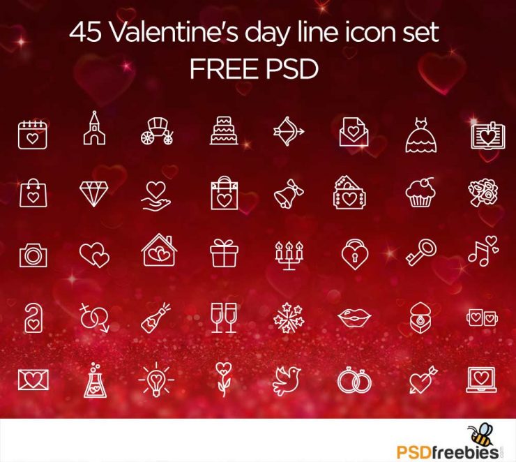 45 Valentine Day line icon Set Free PSD
